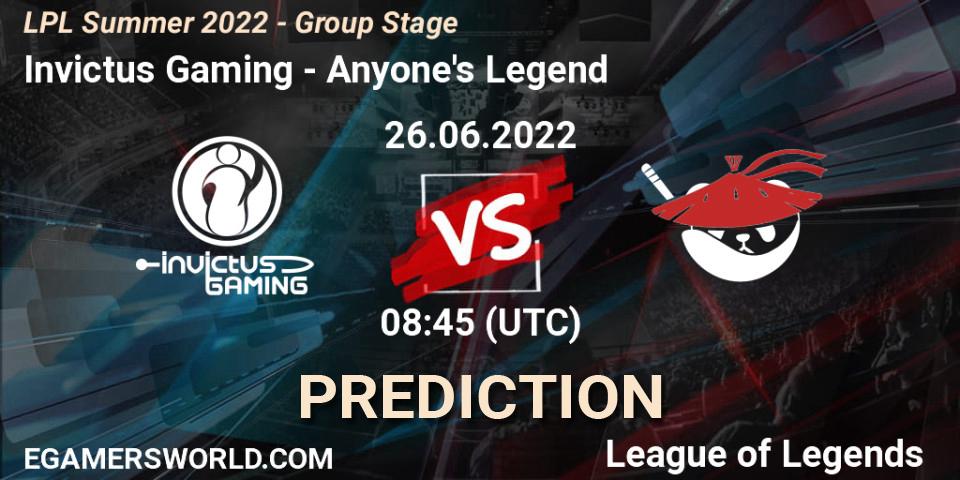 Invictus Gaming contre Anyone's Legend : prédiction de match. 26.06.2022 at 09:00. LoL, LPL Summer 2022 - Group Stage