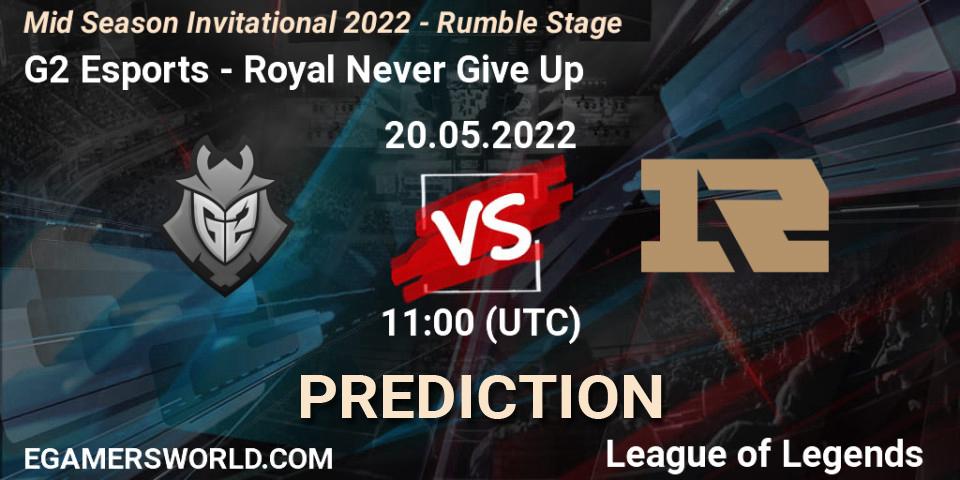 G2 Esports contre Royal Never Give Up : prédiction de match. 20.05.2022 at 11:20. LoL, Mid Season Invitational 2022 - Rumble Stage