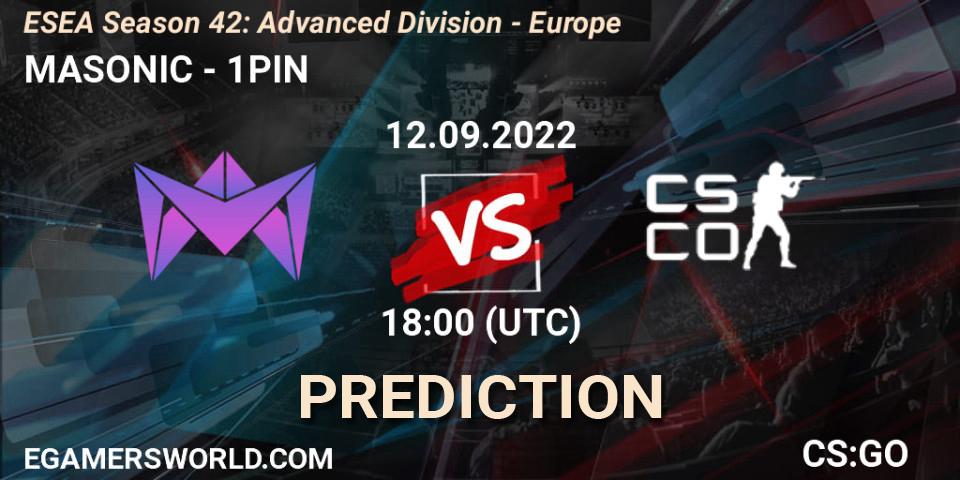 MASONIC contre 1PIN : prédiction de match. 12.09.2022 at 18:00. Counter-Strike (CS2), ESEA Season 42: Advanced Division - Europe