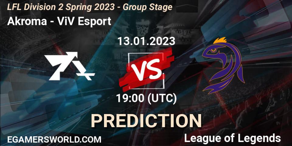 Akroma contre ViV Esport : prédiction de match. 13.01.2023 at 19:00. LoL, LFL Division 2 Spring 2023 - Group Stage