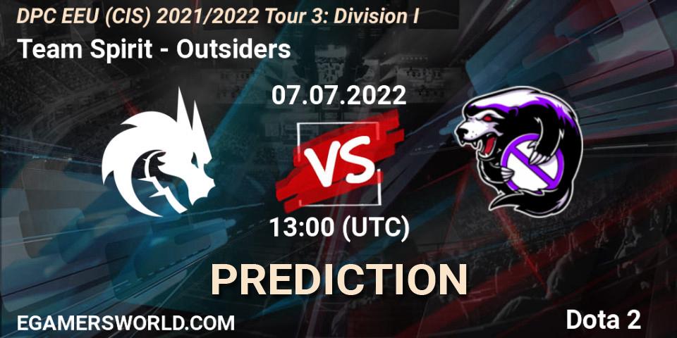 Team Spirit contre Outsiders : prédiction de match. 07.07.2022 at 13:16. Dota 2, DPC EEU (CIS) 2021/2022 Tour 3: Division I