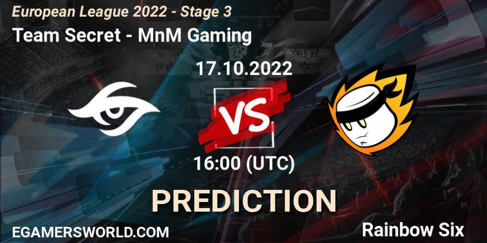 Team Secret contre MnM Gaming : prédiction de match. 17.10.2022 at 17:15. Rainbow Six, European League 2022 - Stage 3