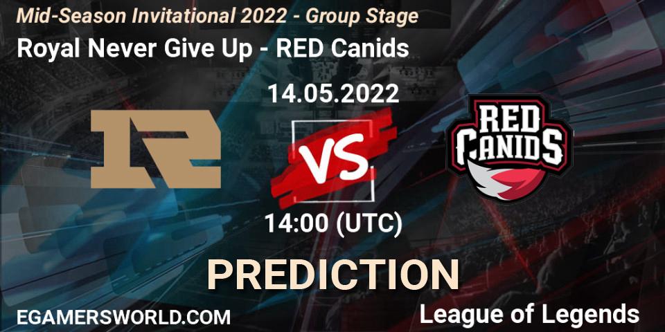 Royal Never Give Up contre RED Canids : prédiction de match. 14.05.2022 at 13:50. LoL, Mid-Season Invitational 2022 - Group Stage