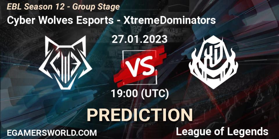 Cyber Wolves Esports contre XtremeDominators : prédiction de match. 27.01.2023 at 19:00. LoL, EBL Season 12 - Group Stage