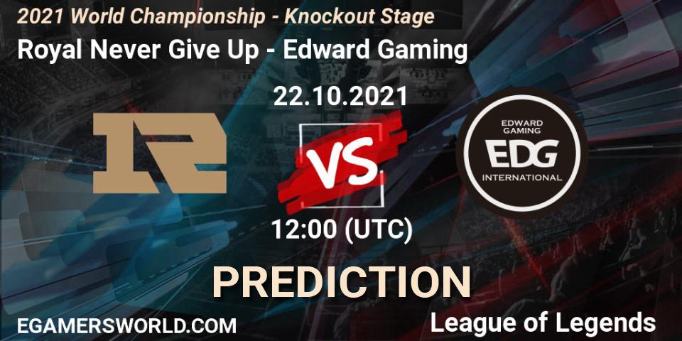 Royal Never Give Up contre Edward Gaming : prédiction de match. 23.10.2021 at 12:00. LoL, 2021 World Championship - Knockout Stage