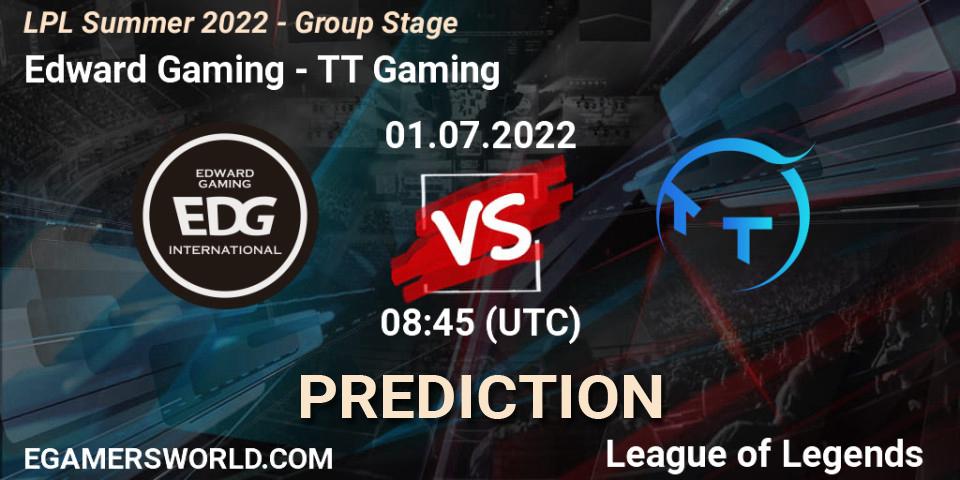 Edward Gaming contre TT Gaming : prédiction de match. 01.07.2022 at 09:00. LoL, LPL Summer 2022 - Group Stage