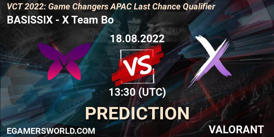 BASISSIX contre X Team Bo : prédiction de match. 18.08.2022 at 13:30. VALORANT, VCT 2022: Game Changers APAC Last Chance Qualifier
