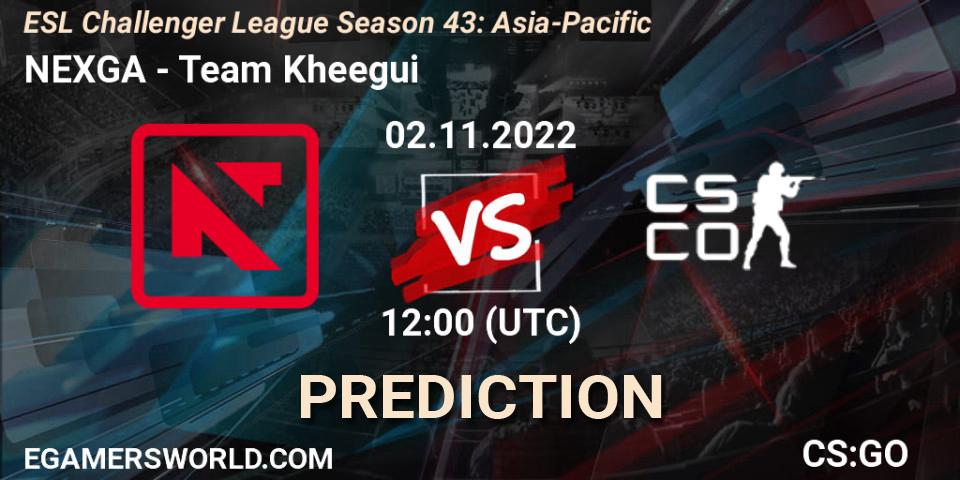 NEXGA contre Team Kheegui : prédiction de match. 02.11.2022 at 12:00. Counter-Strike (CS2), ESL Challenger League Season 43: Asia-Pacific