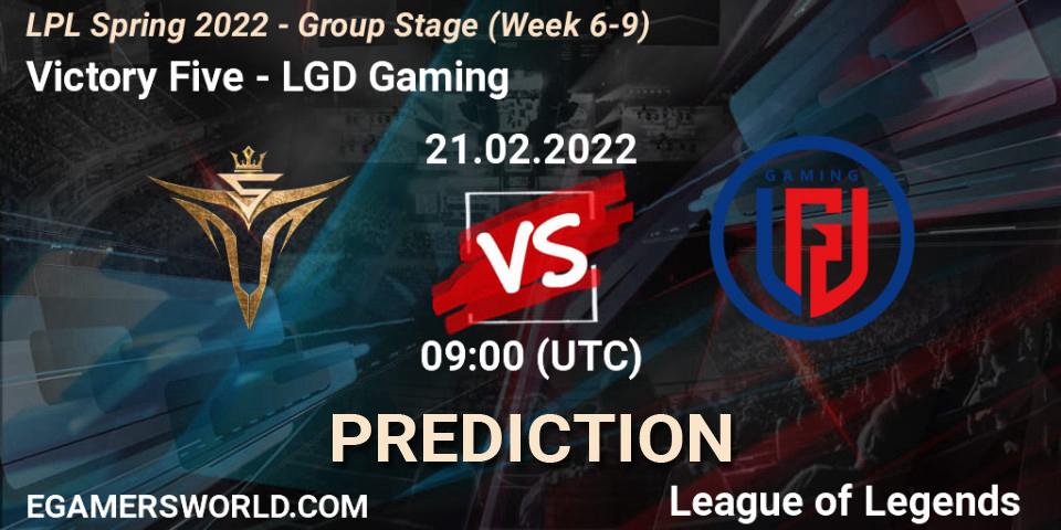 Victory Five contre LGD Gaming : prédiction de match. 21.02.2022 at 09:00. LoL, LPL Spring 2022 - Group Stage (Week 6-9)