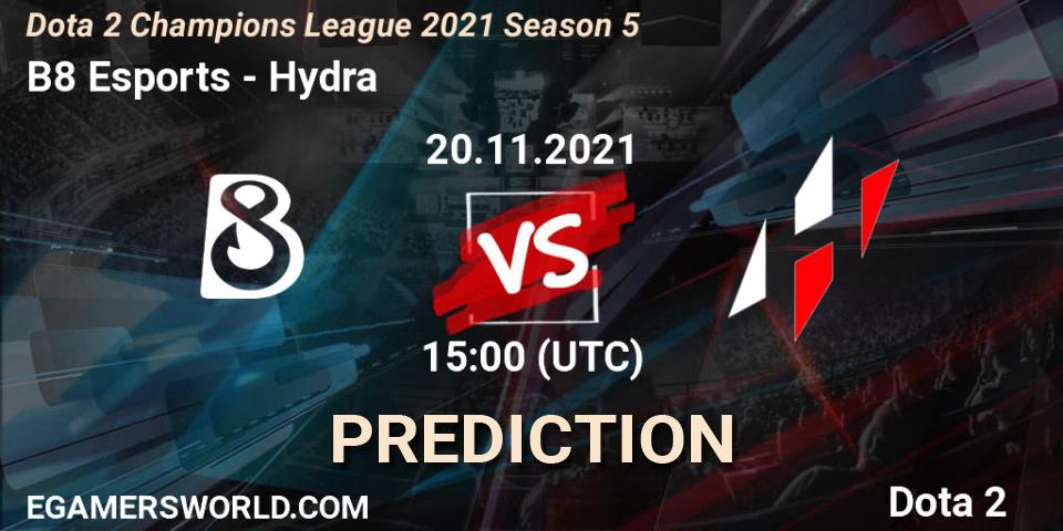 B8 Esports contre Hydra : prédiction de match. 20.11.2021 at 15:24. Dota 2, Dota 2 Champions League 2021 Season 5
