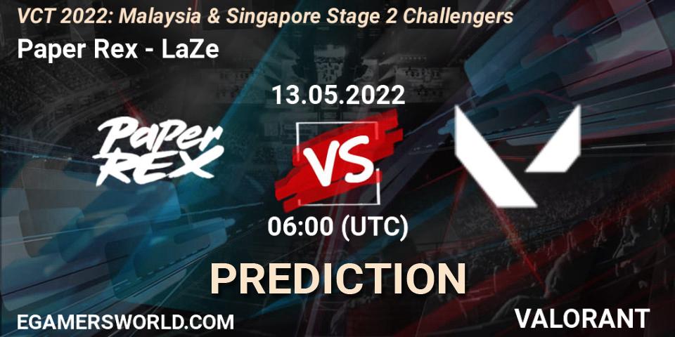 Paper Rex contre LaZe : prédiction de match. 13.05.2022 at 06:00. VALORANT, VCT 2022: Malaysia & Singapore Stage 2 Challengers