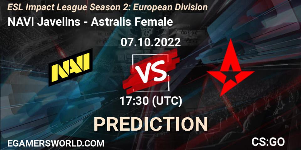 NAVI Javelins contre Astralis Female : prédiction de match. 07.10.2022 at 17:30. Counter-Strike (CS2), ESL Impact League Season 2: European Division