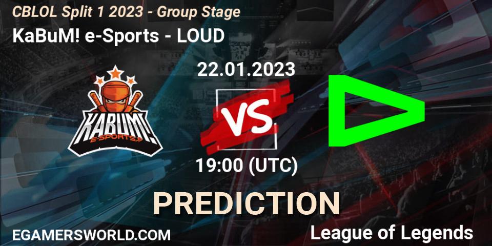 KaBuM! e-Sports contre LOUD : prédiction de match. 22.01.2023 at 19:15. LoL, CBLOL Split 1 2023 - Group Stage
