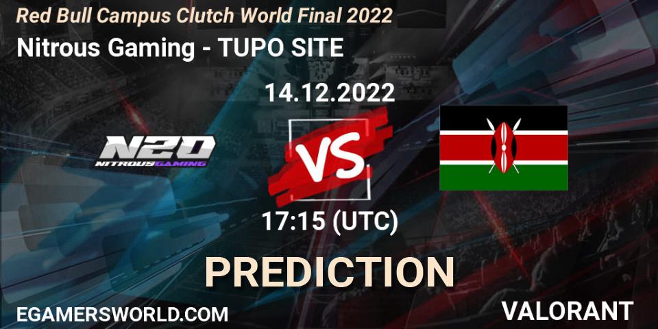Nitrous Gaming contre TUPO SITE : prédiction de match. 14.12.2022 at 17:15. VALORANT, Red Bull Campus Clutch World Final 2022