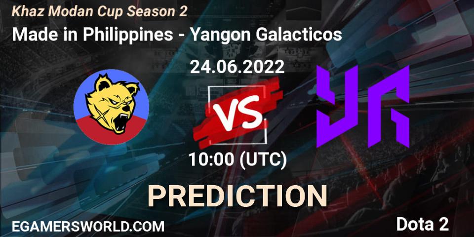 Made in Philippines contre Yangon Galacticos : prédiction de match. 24.06.2022 at 10:00. Dota 2, Khaz Modan Cup Season 2