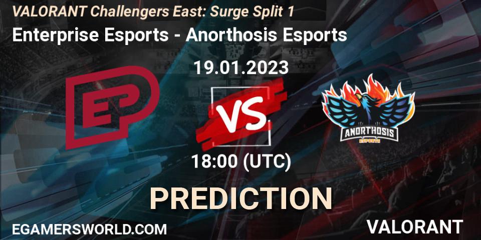 Enterprise Esports contre Anorthosis Esports : prédiction de match. 19.01.2023 at 19:00. VALORANT, VALORANT Challengers 2023 East: Surge Split 1