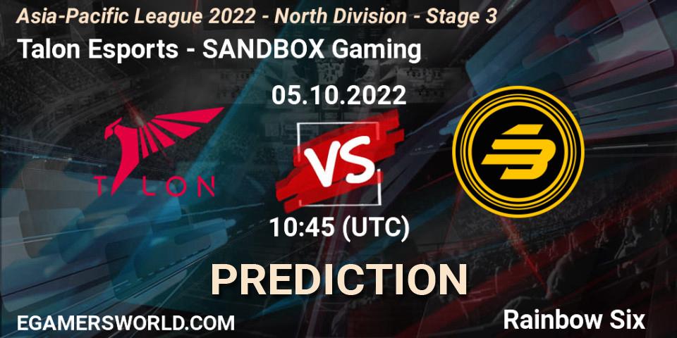 Talon Esports contre SANDBOX Gaming : prédiction de match. 05.10.2022 at 10:45. Rainbow Six, Asia-Pacific League 2022 - North Division - Stage 3