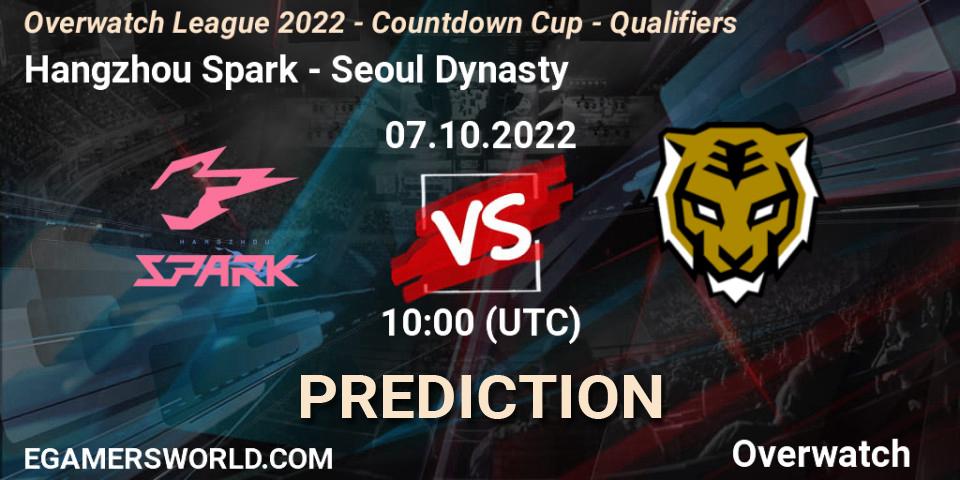 Hangzhou Spark contre Seoul Dynasty : prédiction de match. 07.10.2022 at 10:00. Overwatch, Overwatch League 2022 - Countdown Cup - Qualifiers