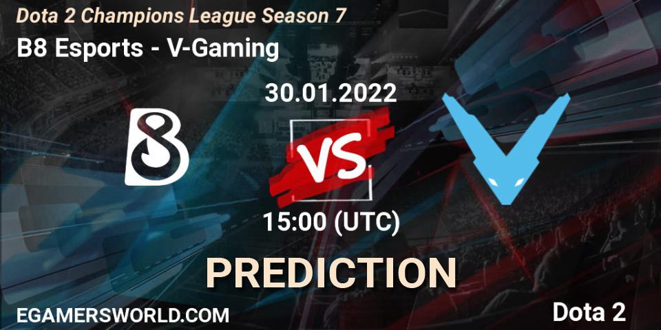 B8 Esports contre V-Gaming : prédiction de match. 30.01.2022 at 15:02. Dota 2, Dota 2 Champions League 2022 Season 7