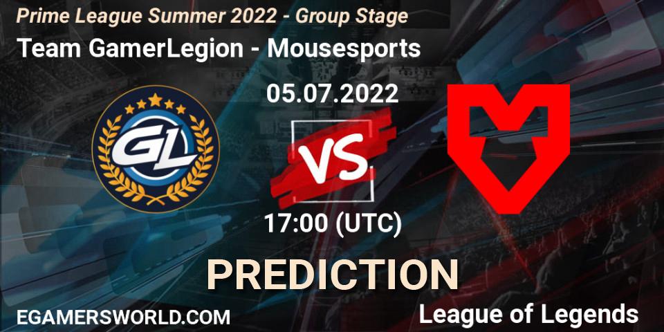 Team GamerLegion contre Mousesports : prédiction de match. 05.07.2022 at 17:00. LoL, Prime League Summer 2022 - Group Stage