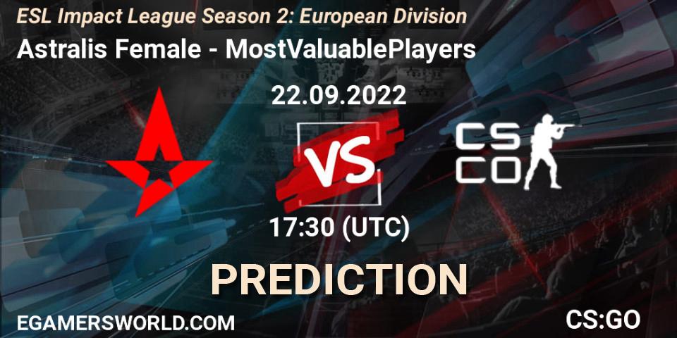 Astralis Female contre MostValuablePlayers : prédiction de match. 22.09.2022 at 17:30. Counter-Strike (CS2), ESL Impact League Season 2: European Division
