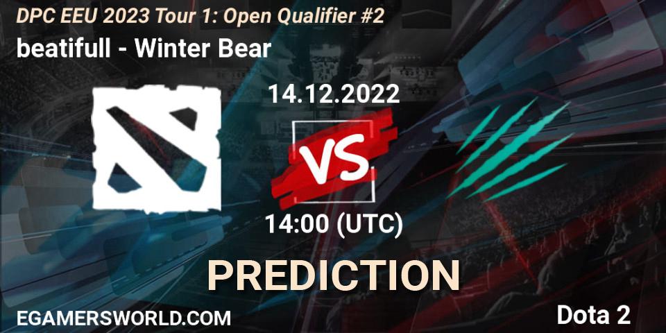 beatifull contre Winter Bear : prédiction de match. 14.12.2022 at 13:47. Dota 2, DPC EEU 2023 Tour 1: Open Qualifier #2
