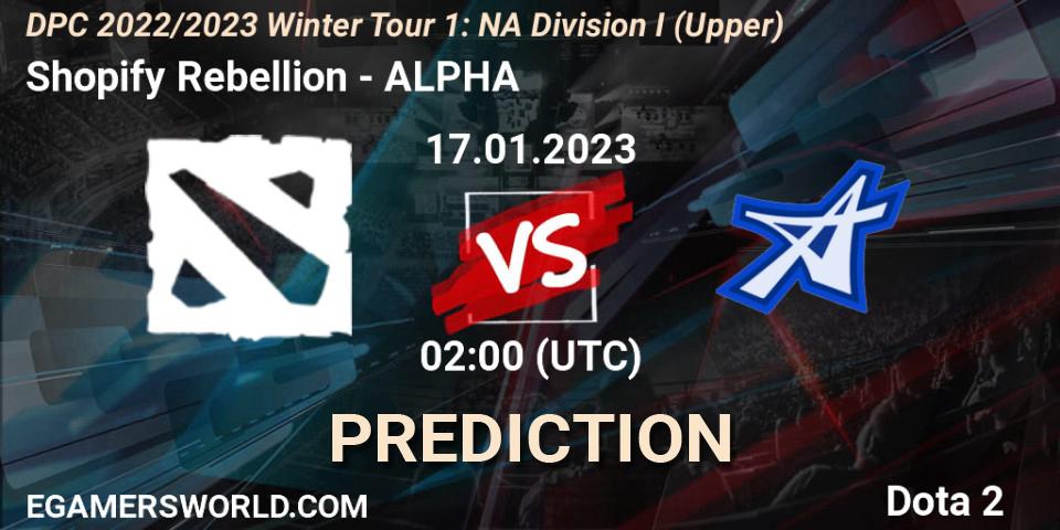 Shopify Rebellion contre ALPHA : prédiction de match. 17.01.2023 at 02:30. Dota 2, DPC 2022/2023 Winter Tour 1: NA Division I (Upper)