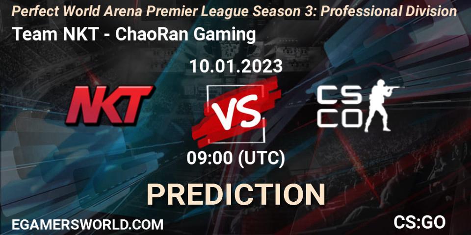 Team NKT contre ChaoRan Gaming : prédiction de match. 13.01.2023 at 09:00. Counter-Strike (CS2), Perfect World Arena Premier League Season 3: Professional Division