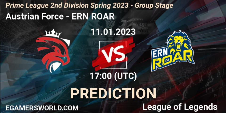 Austrian Force contre ERN ROAR : prédiction de match. 11.01.2023 at 17:00. LoL, Prime League 2nd Division Spring 2023 - Group Stage