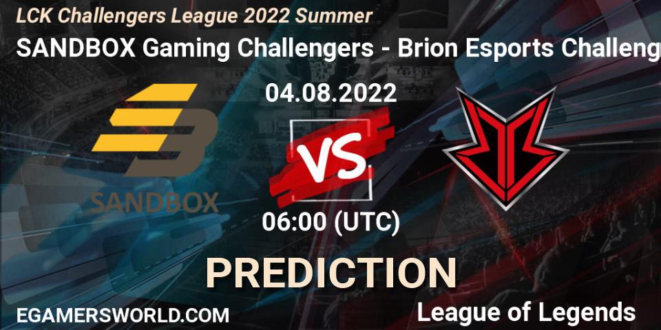 SANDBOX Gaming Challengers contre Brion Esports Challengers : prédiction de match. 04.08.2022 at 06:00. LoL, LCK Challengers League 2022 Summer