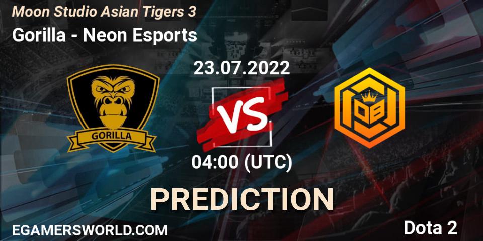 Gorilla contre Neon Esports : prédiction de match. 23.07.2022 at 04:05. Dota 2, Moon Studio Asian Tigers 3