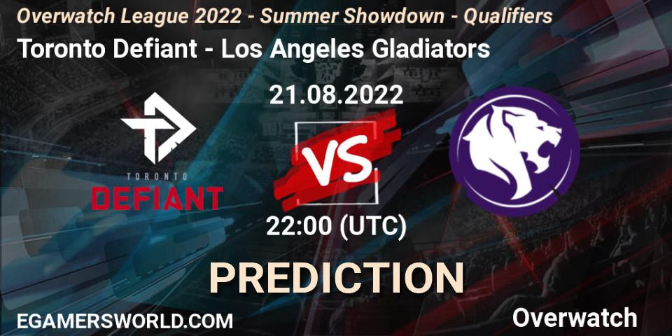 Toronto Defiant contre Los Angeles Gladiators : prédiction de match. 21.08.2022 at 22:00. Overwatch, Overwatch League 2022 - Summer Showdown - Qualifiers