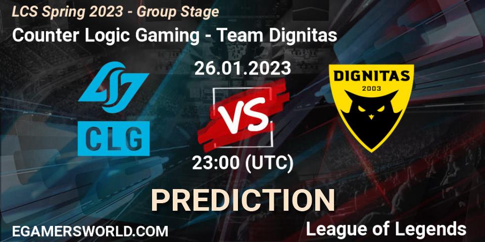 Counter Logic Gaming contre Team Dignitas : prédiction de match. 27.01.2023 at 01:15. LoL, LCS Spring 2023 - Group Stage