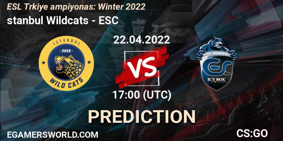 İstanbul Wildcats contre ESC : prédiction de match. 22.04.2022 at 17:00. Counter-Strike (CS2), ESL Türkiye Şampiyonası: Winter 2022