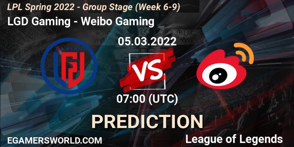 LGD Gaming contre Weibo Gaming : prédiction de match. 05.03.2022 at 07:00. LoL, LPL Spring 2022 - Group Stage (Week 6-9)
