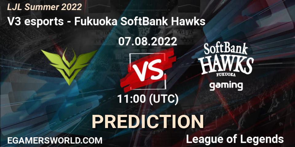 V3 esports contre Fukuoka SoftBank Hawks : prédiction de match. 07.08.2022 at 11:00. LoL, LJL Summer 2022