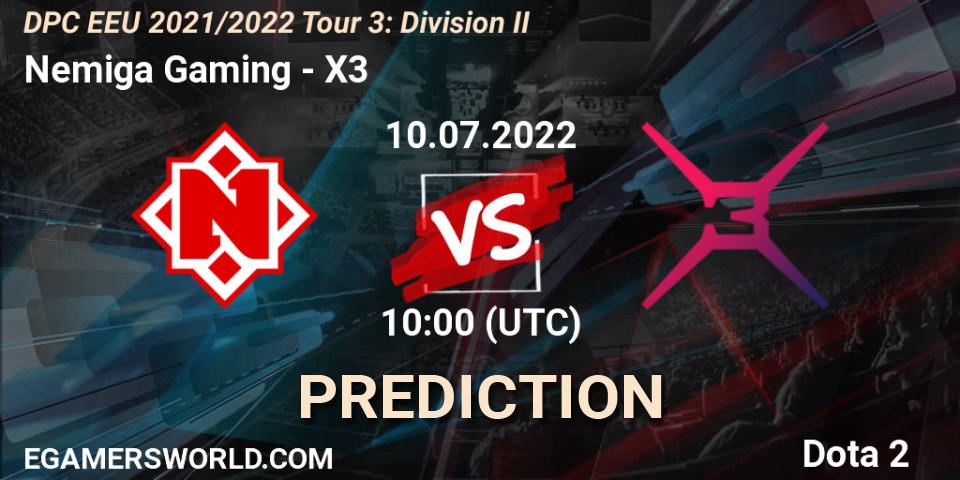 Nemiga Gaming contre X3 : prédiction de match. 10.07.2022 at 10:00. Dota 2, DPC EEU 2021/2022 Tour 3: Division II