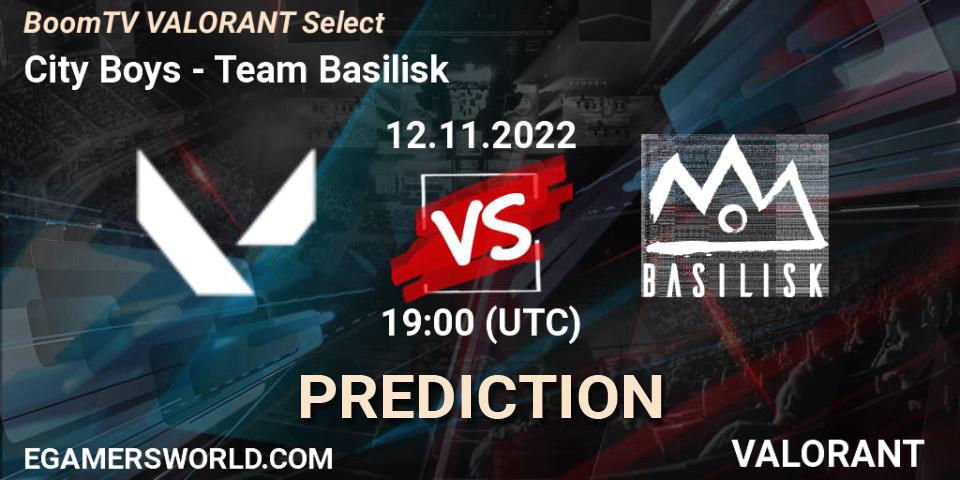 City Boys contre Team Basilisk : prédiction de match. 12.11.2022 at 19:00. VALORANT, BoomTV VALORANT Select