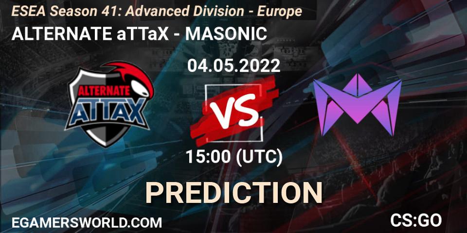 ALTERNATE aTTaX contre MASONIC : prédiction de match. 04.05.2022 at 15:00. Counter-Strike (CS2), ESEA Season 41: Advanced Division - Europe
