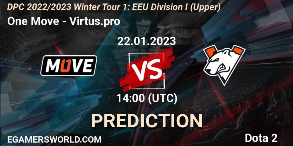 One Move contre Virtus.pro : prédiction de match. 22.01.2023 at 14:00. Dota 2, DPC 2022/2023 Winter Tour 1: EEU Division I (Upper)