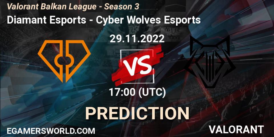 Diamant Esports contre Cyber Wolves Esports : prédiction de match. 29.11.2022 at 17:00. VALORANT, Valorant Balkan League - Season 3