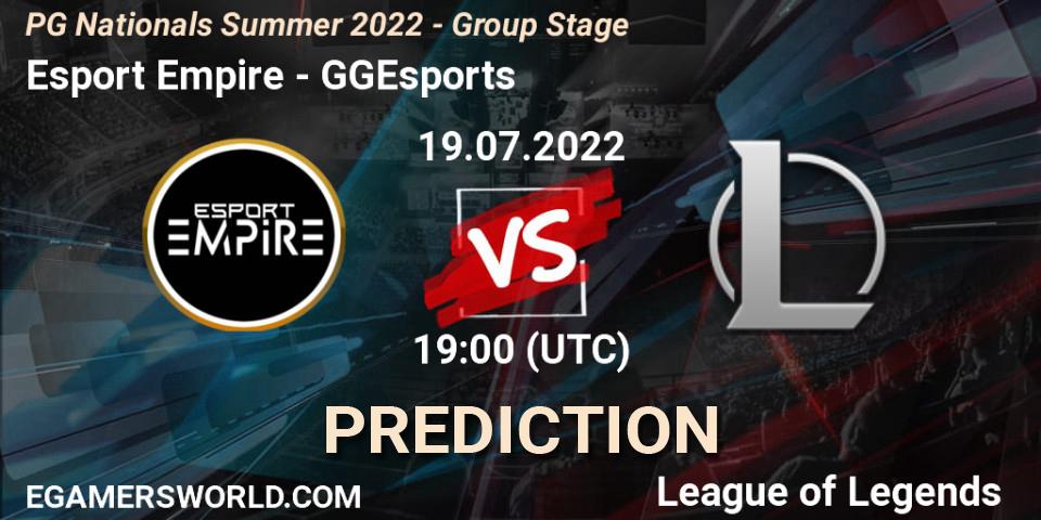 Esport Empire contre GGEsports : prédiction de match. 19.07.2022 at 19:00. LoL, PG Nationals Summer 2022 - Group Stage