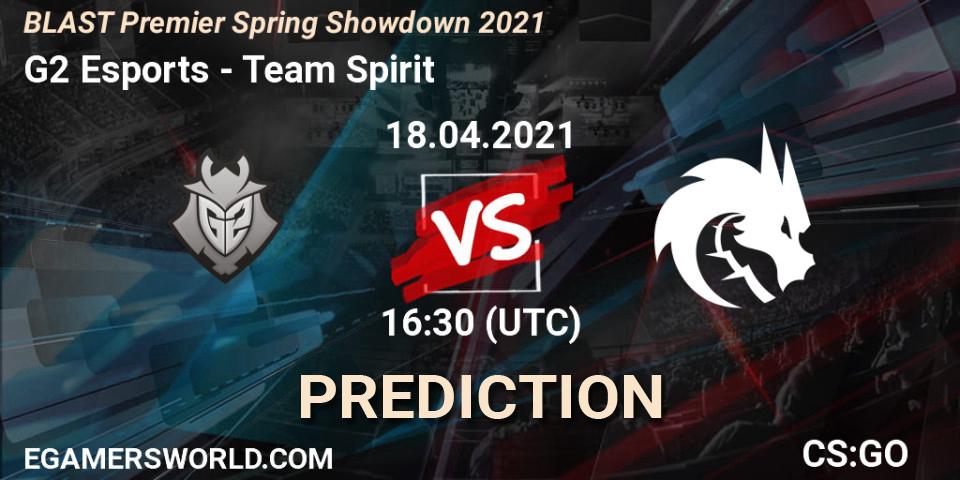 G2 Esports contre Team Spirit : prédiction de match. 18.04.2021 at 13:30. Counter-Strike (CS2), BLAST Premier Spring Showdown 2021