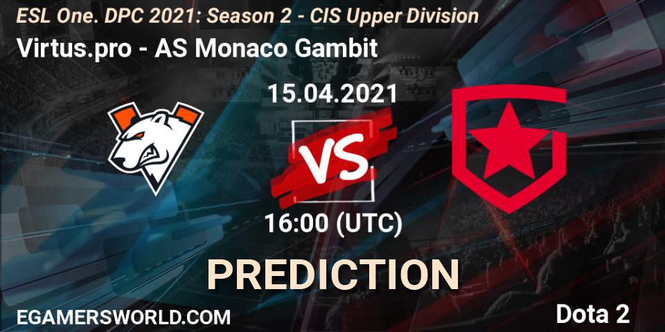 Virtus.pro contre AS Monaco Gambit : prédiction de match. 15.04.21. Dota 2, ESL One. DPC 2021: Season 2 - CIS Upper Division