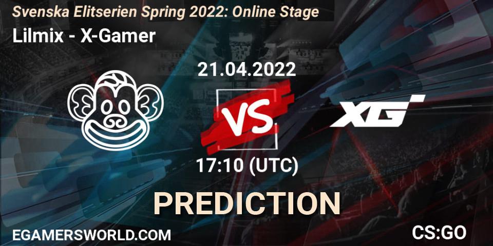Lilmix contre X-Gamer : prédiction de match. 21.04.2022 at 17:10. Counter-Strike (CS2), Svenska Elitserien Spring 2022: Online Stage