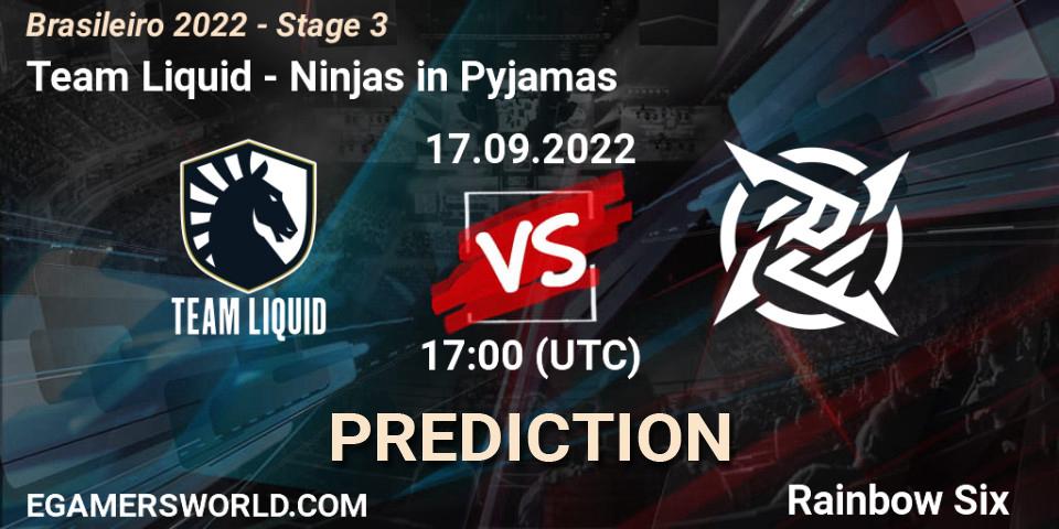Team Liquid contre Ninjas in Pyjamas : prédiction de match. 17.09.2022 at 17:00. Rainbow Six, Brasileirão 2022 - Stage 3