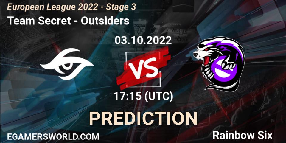 Team Secret contre Outsiders : prédiction de match. 03.10.2022 at 17:15. Rainbow Six, European League 2022 - Stage 3