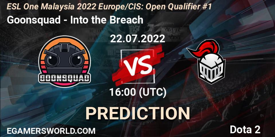 Goonsquad contre Into the Breach : prédiction de match. 22.07.2022 at 16:00. Dota 2, ESL One Malaysia 2022 Europe/CIS: Open Qualifier #1
