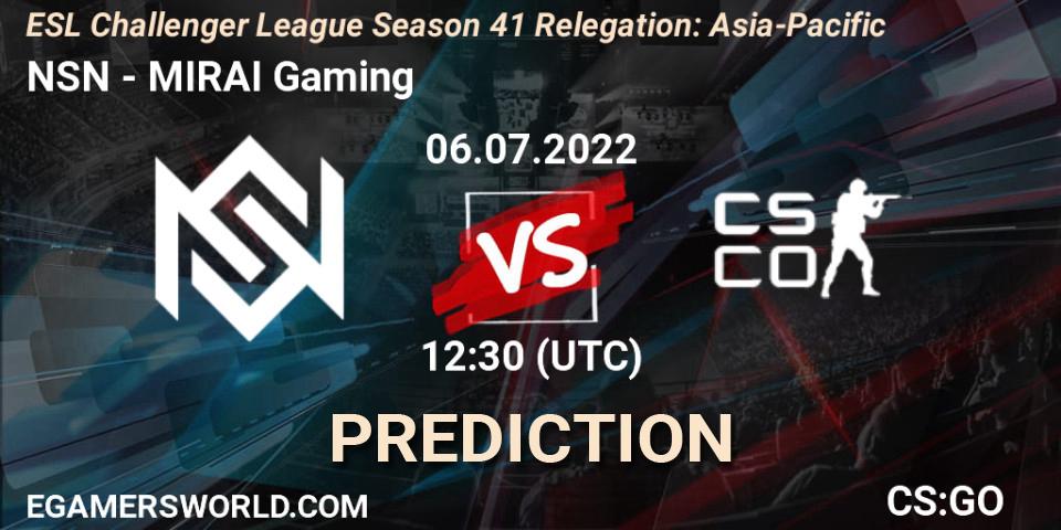 NSN contre MIRAI Gaming : prédiction de match. 06.07.2022 at 12:30. Counter-Strike (CS2), ESL Challenger League Season 41 Relegation: Asia-Pacific