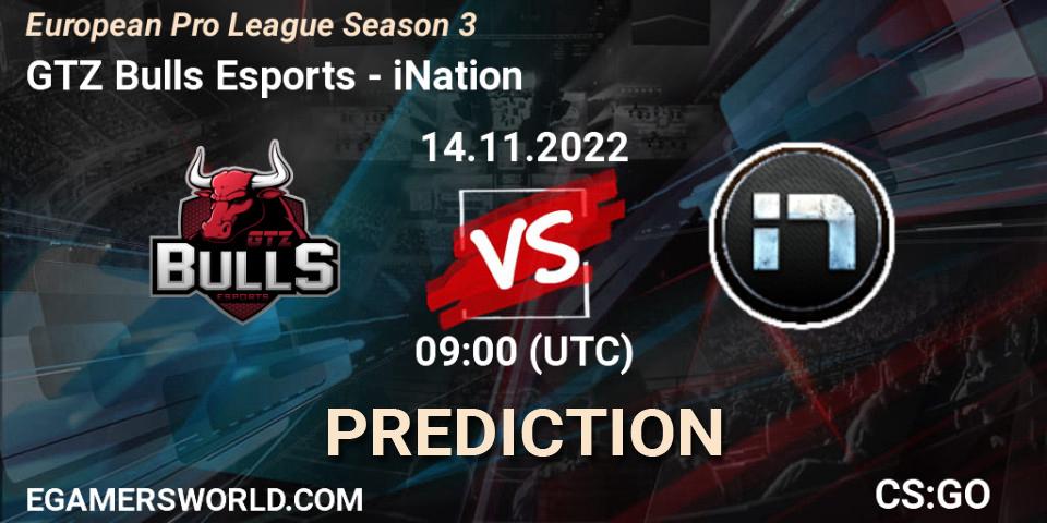 GTZ Bulls Esports contre iNation : prédiction de match. 14.11.2022 at 09:00. Counter-Strike (CS2), European Pro League Season 3